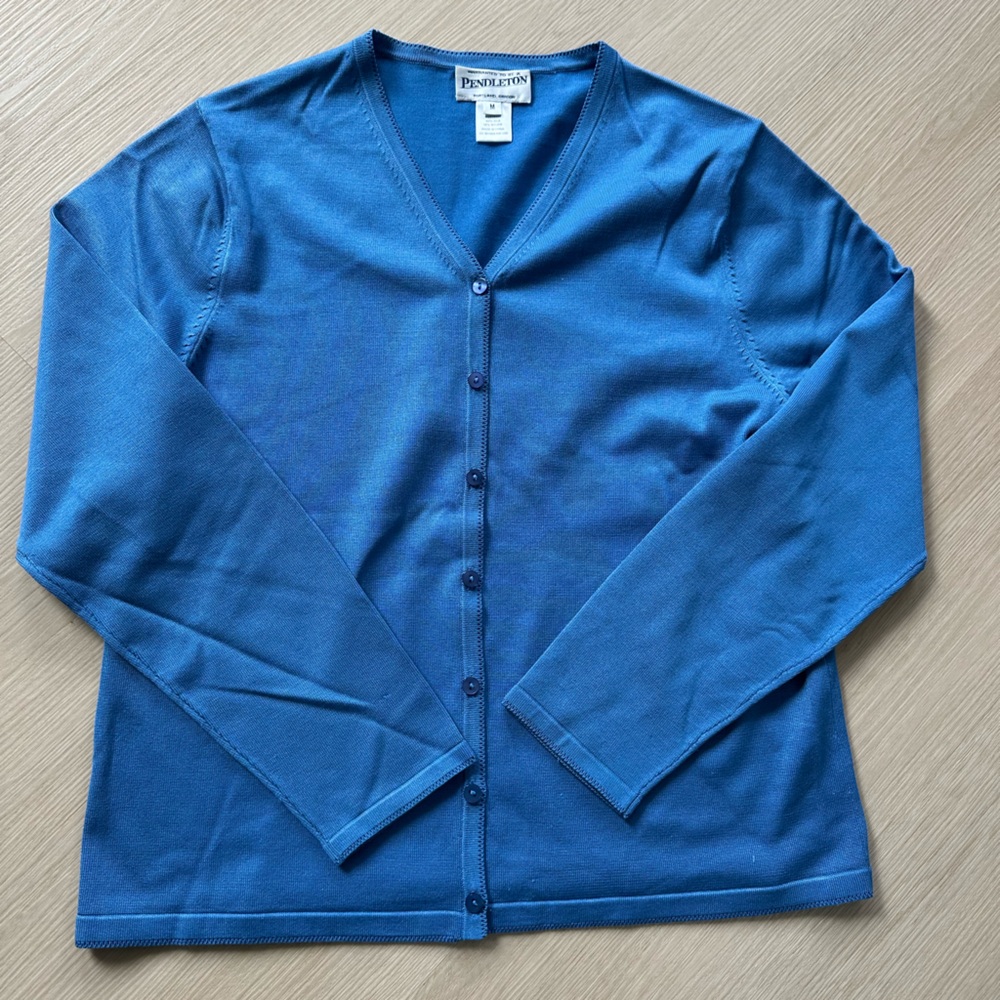 Pendleton Women’s Silk Blend Blue Cardigan Sweater  Medium Button Down V Neck